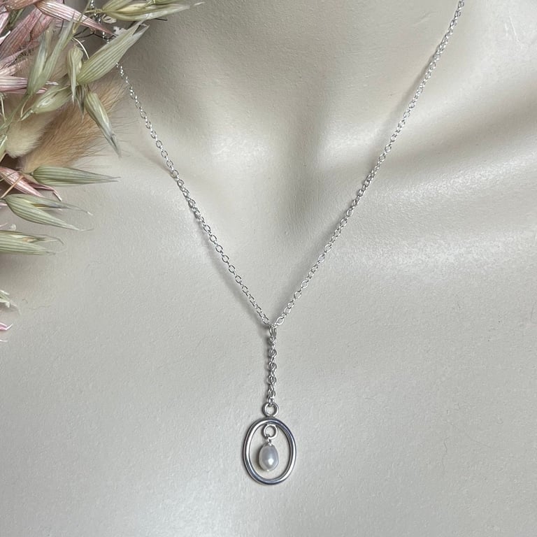 Oval Hoop Pearl Drop Pendant 18" Trace Chain - Handmade, Sterling Silver