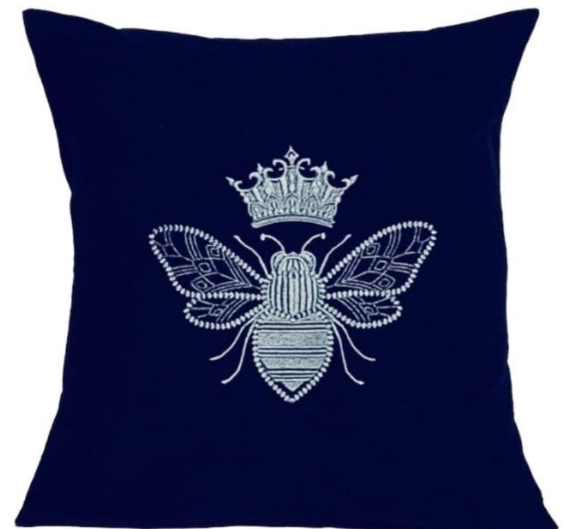 Silver Queen Bee Embroidered Cushion Cover NAVY Gift Idea 