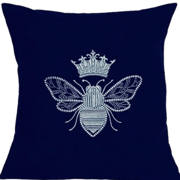 Silver Queen Bee Embroidered Cushion Cover NAVY Gift Idea 