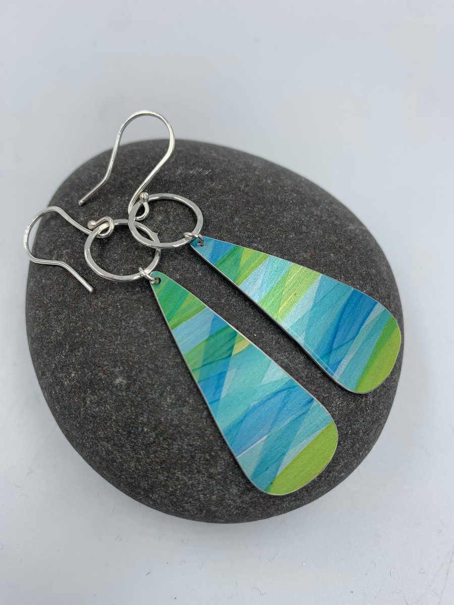 Blue and green striped drop earrings with silver ring