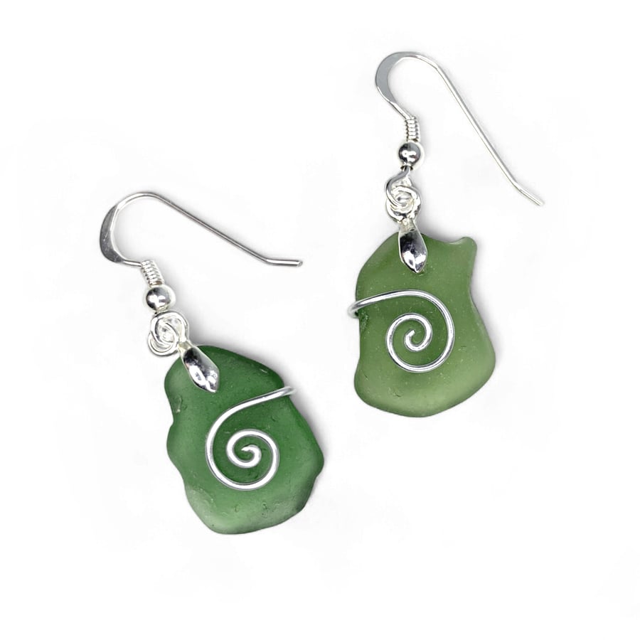Sea Glass Earrings - Dark Green - Handmade Scottish Silver Wire Celtic Jewellery