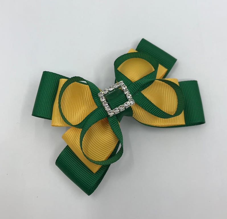 School Forest Green and Yellow Gold Layer Bow with Forest Green Loops on Clip