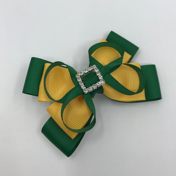 School Forest Green and Yellow Gold Layer Bow with Forest Green Loops on Clip