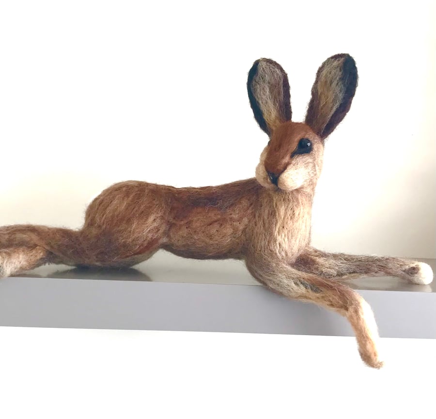 Needle felted-reclining hare-soft sculpture Reserved for customer 