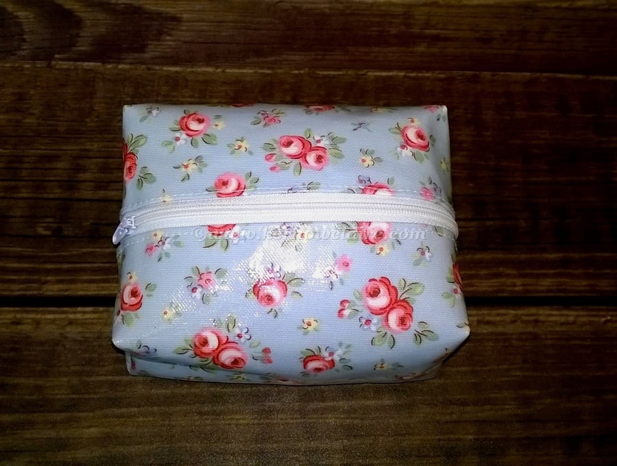 Oilcloth make up bag, box style, pale blue floral pattern, facial wipes holder