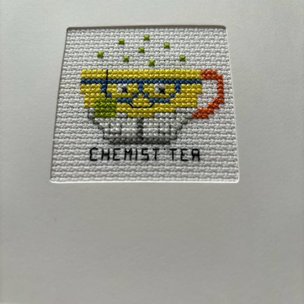 Chemist tea cross stitched card 
