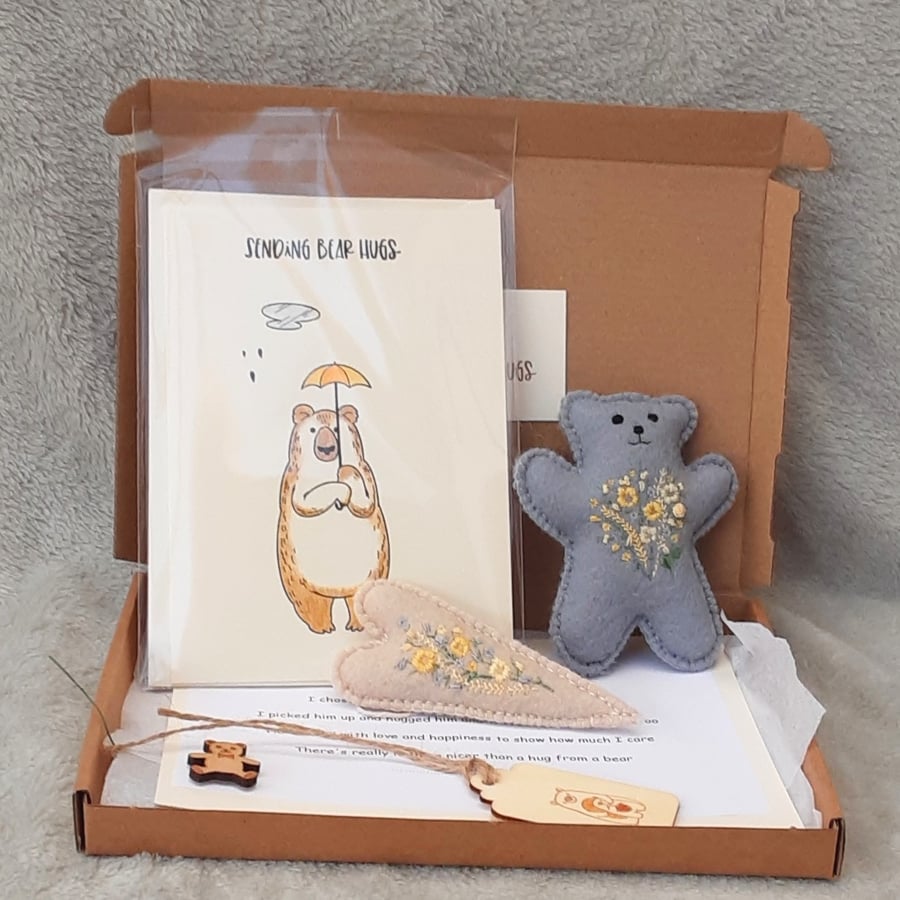 Teddy bear letterbox gift. Sending Bear Hugs post box gift set. Embroidered gift