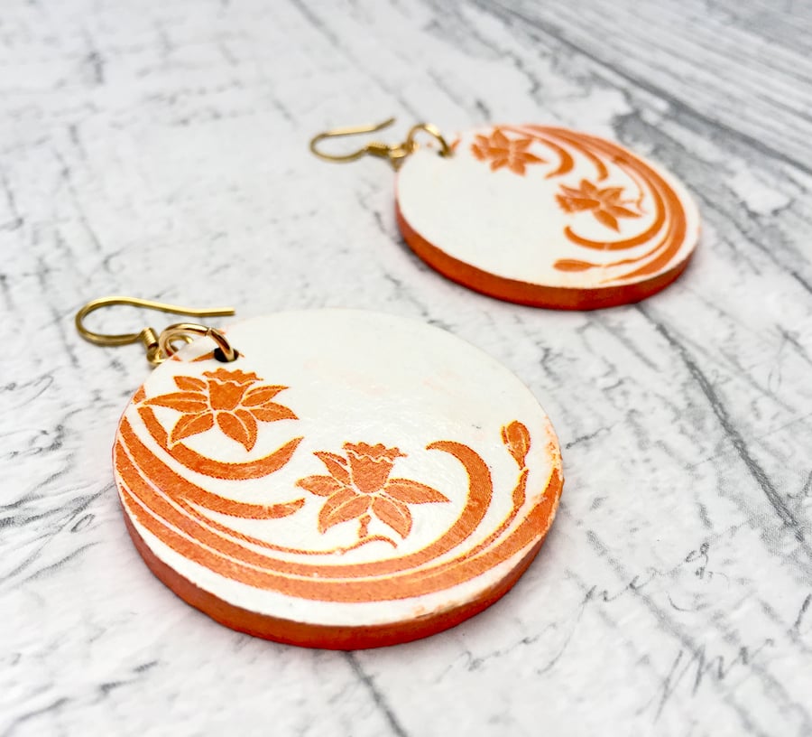 Statement Daffodil Stylised Art Nouveau image circle wooden earrings