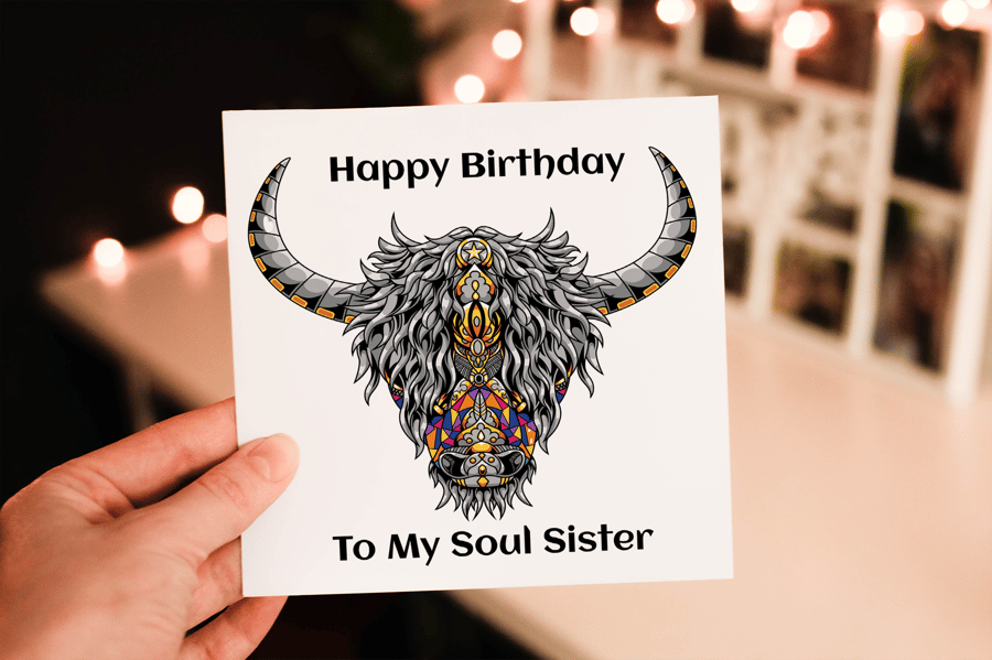 Highland Cow Chakra Birthday Card, Friend Birthday Card, Highland Cow Card 