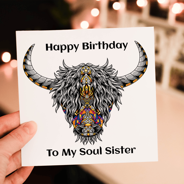 Highland Cow Chakra Birthday Card, Friend Birthday Card, Highland Cow Card 