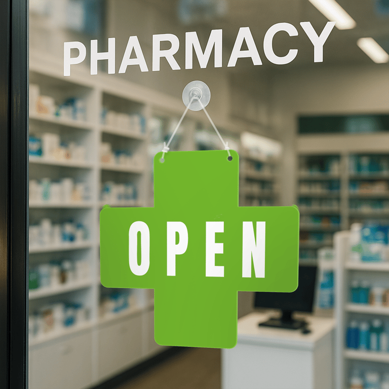Pharmacy Open & Closed Sign – Cross: Hanging Door Sign for Chemist or Clinic