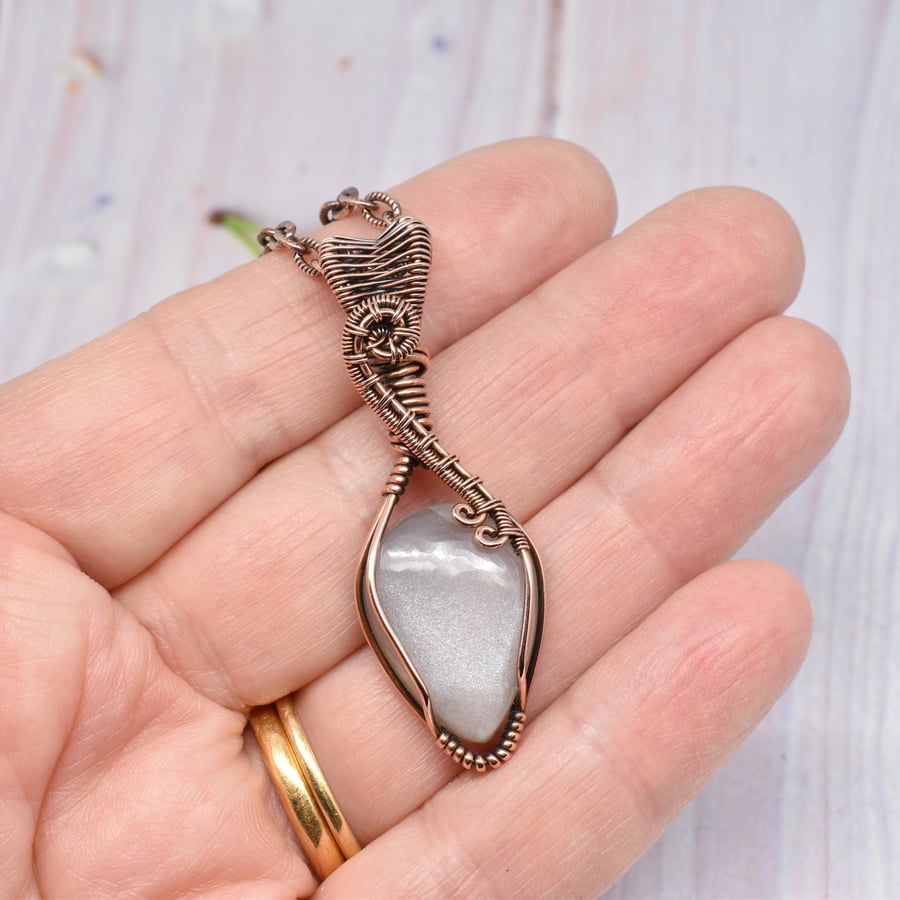 Wire Wrapped Dainty Grey Moonstone and Copper Pendant