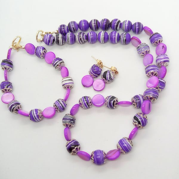 Purple Mother of Pearl & Purple Agate Beaded Jewellery Set, Gift for Her