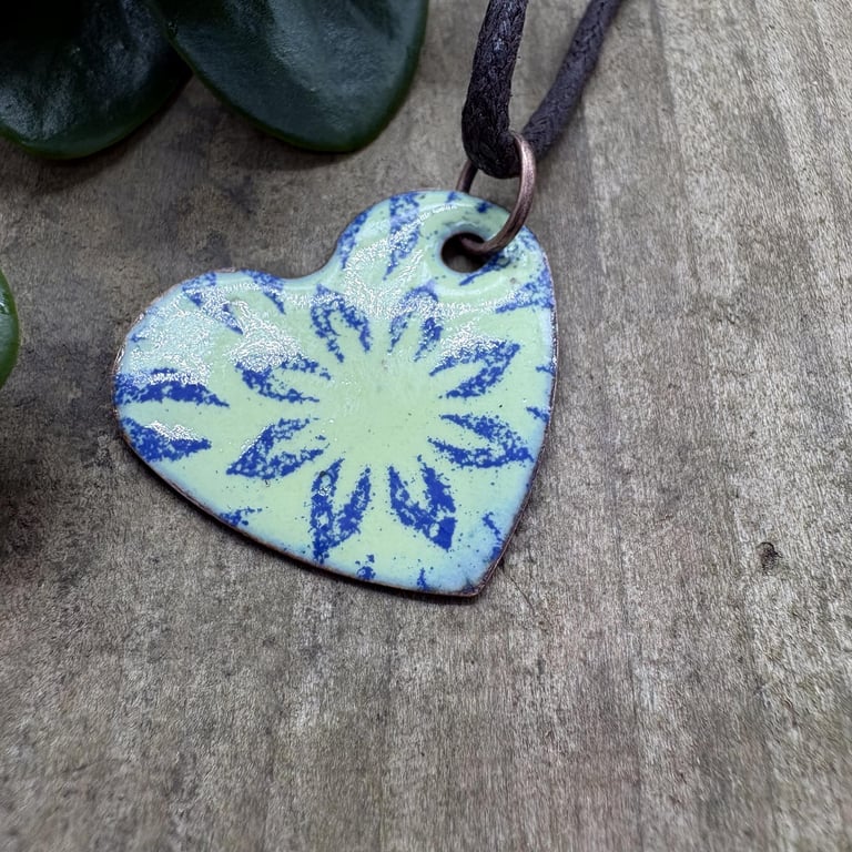 Hand enameled heart pendant in blue and green, made in Anglesey, North Wales, un