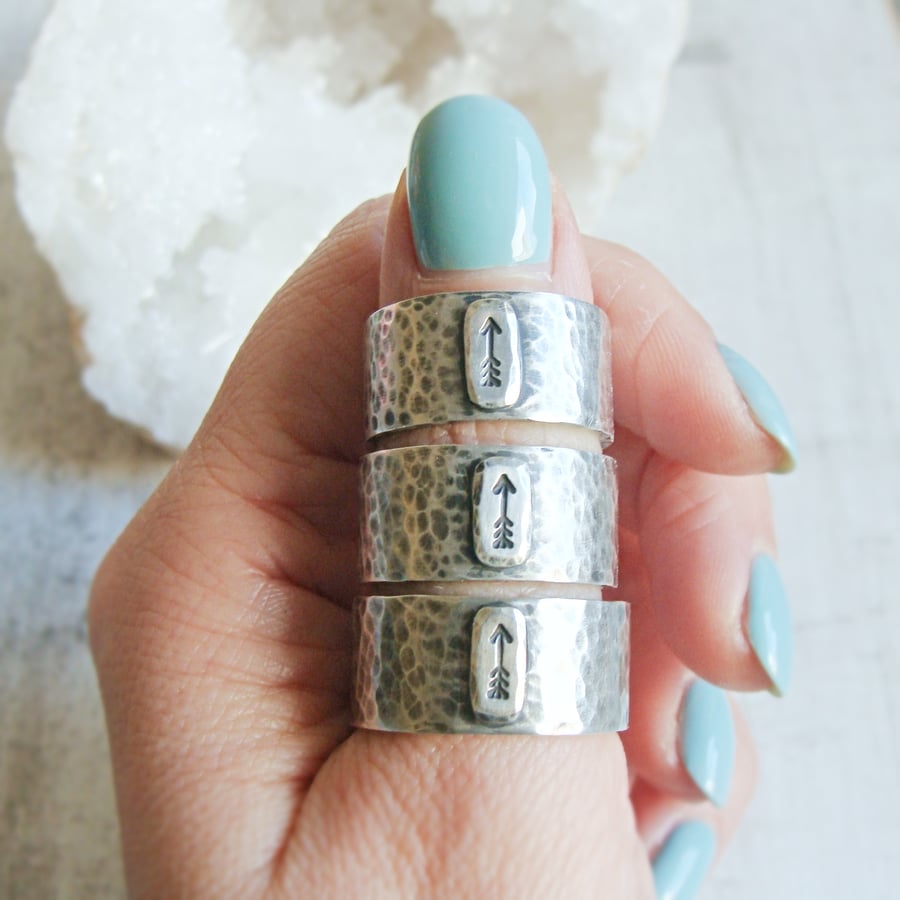 Recycled Sterling Silver Chunky Hammered Wide Ring Band Stamped Arrow Design