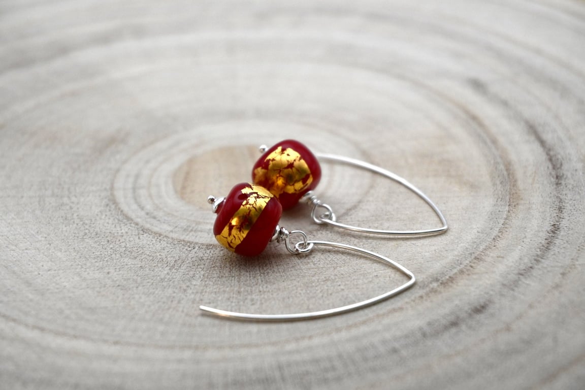red and gold leaf lampwork glass earrings