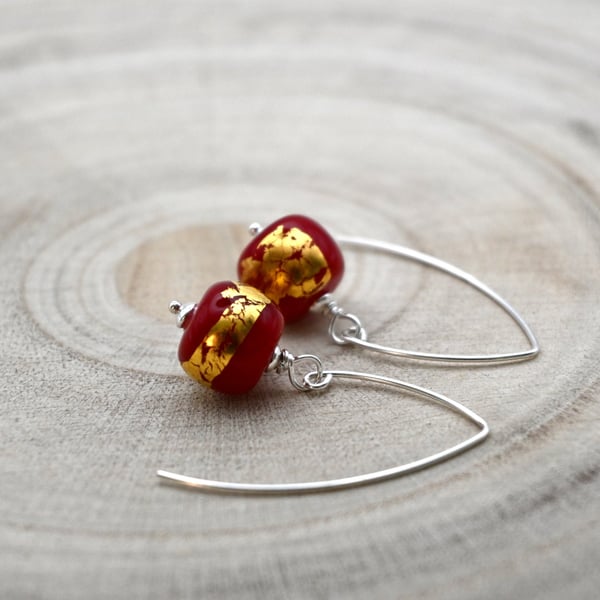 red and gold leaf lampwork glass earrings