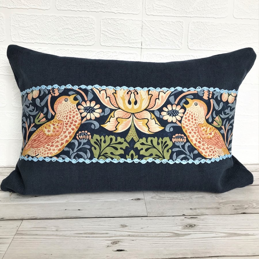 SALE, William Morris cushion, navy cushion with Strawberry Thief panel