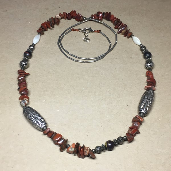 Upcycled red Jasper gemstone - antique silver plated pewter beads necklace