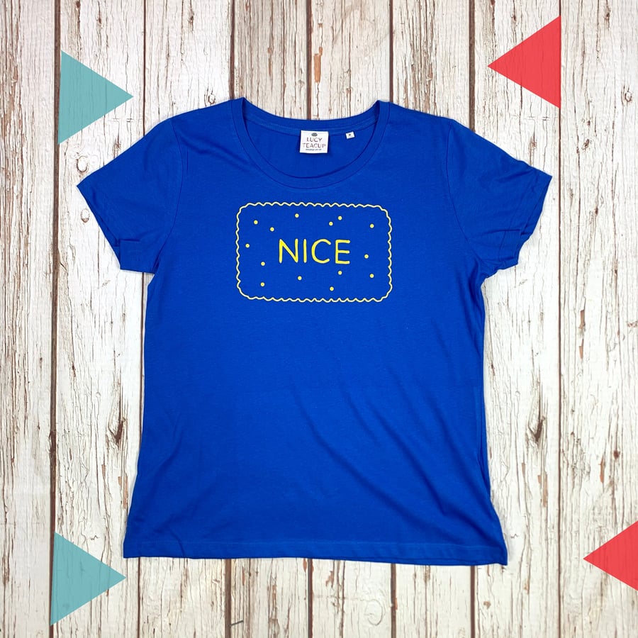 Nice Biscuit T-Shirt. Woman's Royal Blue top, Ladies biscuit lover clothing