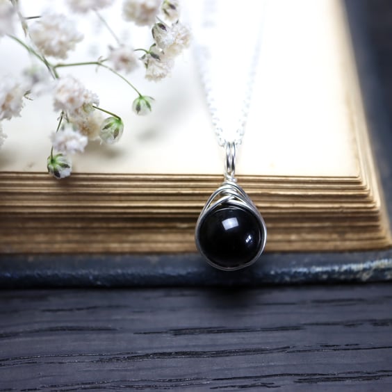 Black Obsidian Necklace Wire Wrapped in Sterling Silver