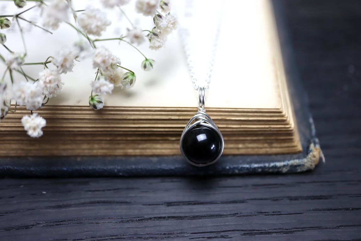 Black Obsidian Necklace Wire Wrapped in Sterling Silver
