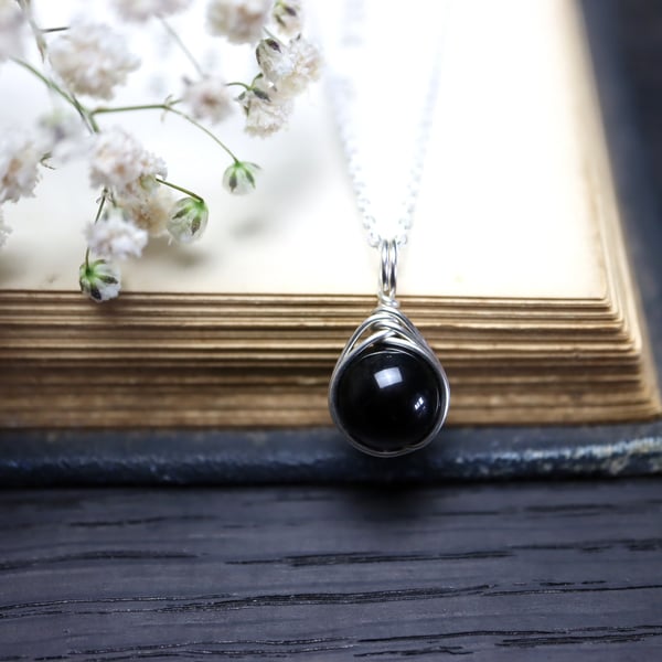 Black Obsidian Necklace Wire Wrapped in Sterling Silver
