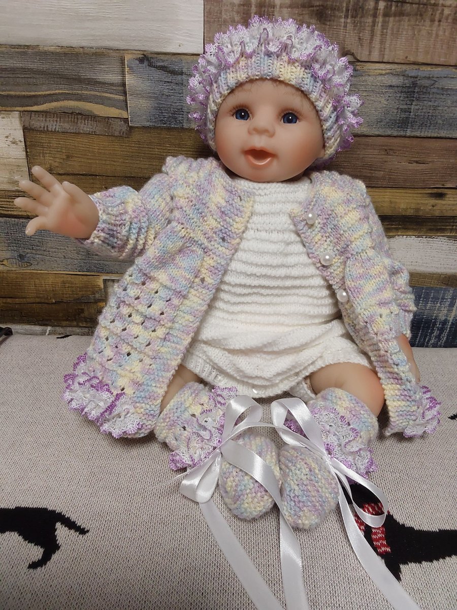 Hand Knitted 0-3 months baby romper booties hat cardigan (also fits 22” doll)