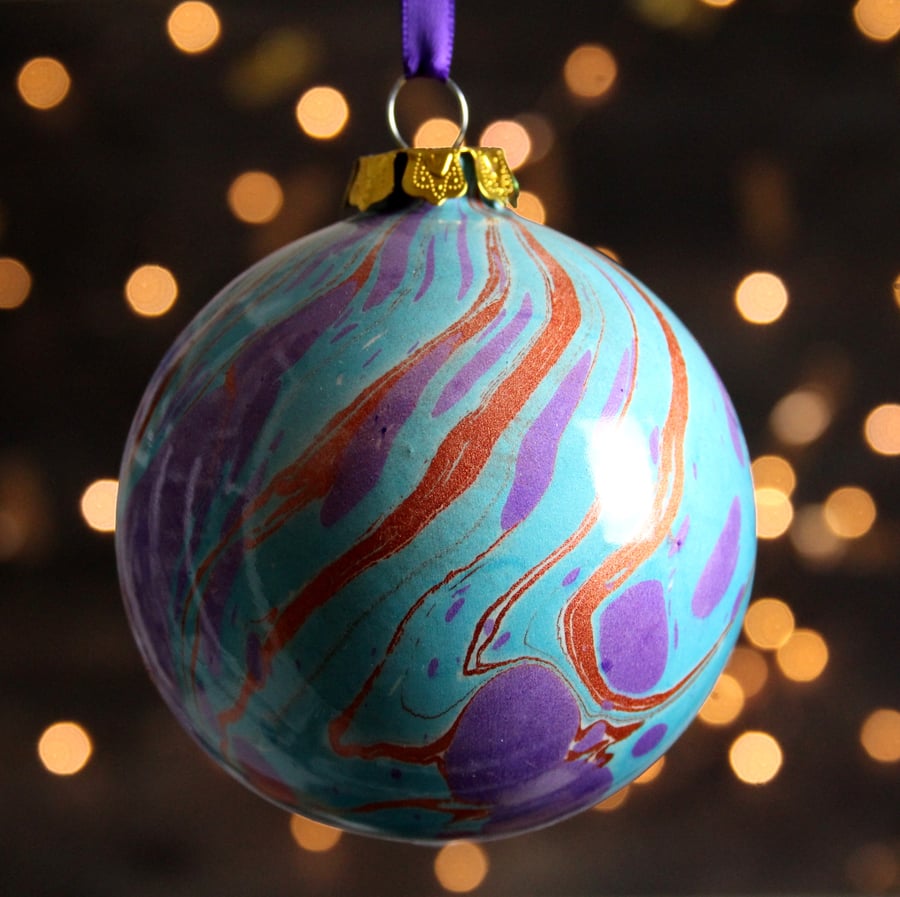 Luxury Christmas decoration hand marbled ceramic bauble purple copper turquoise 