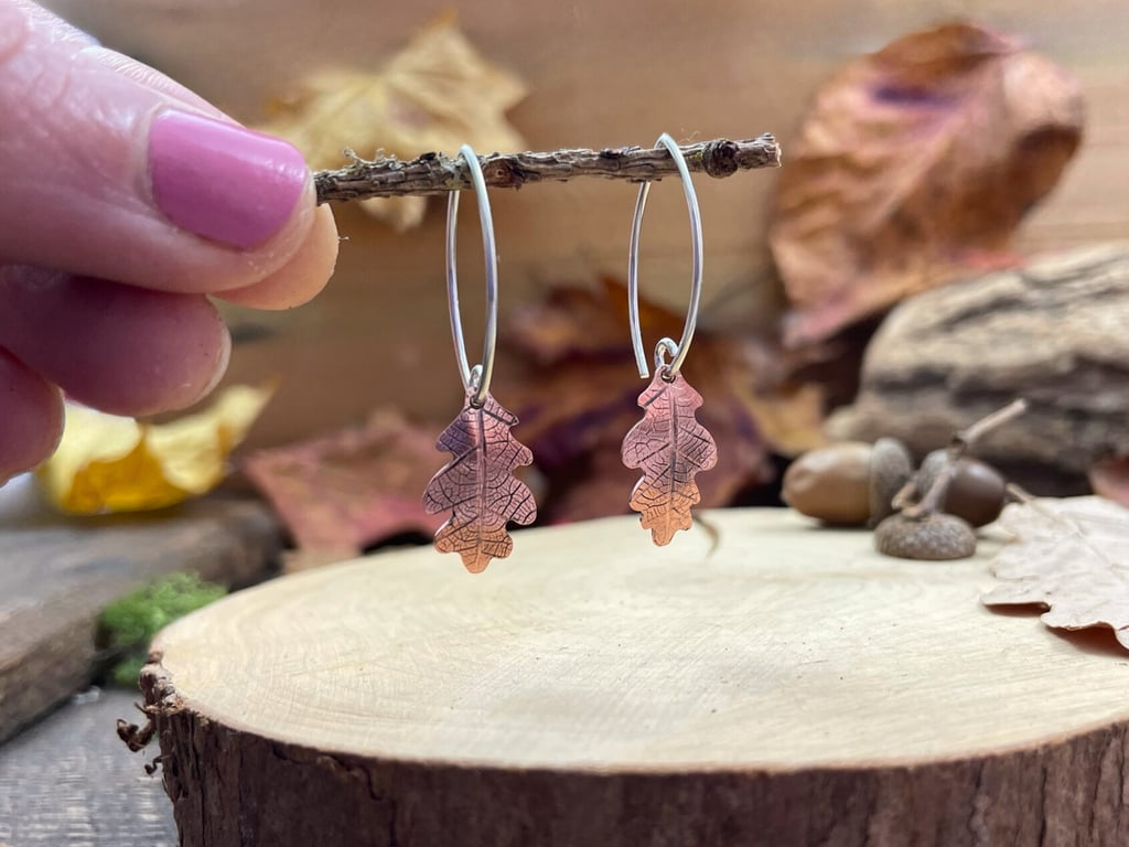 Copper & Silver Oak Leaf Drop Earrings