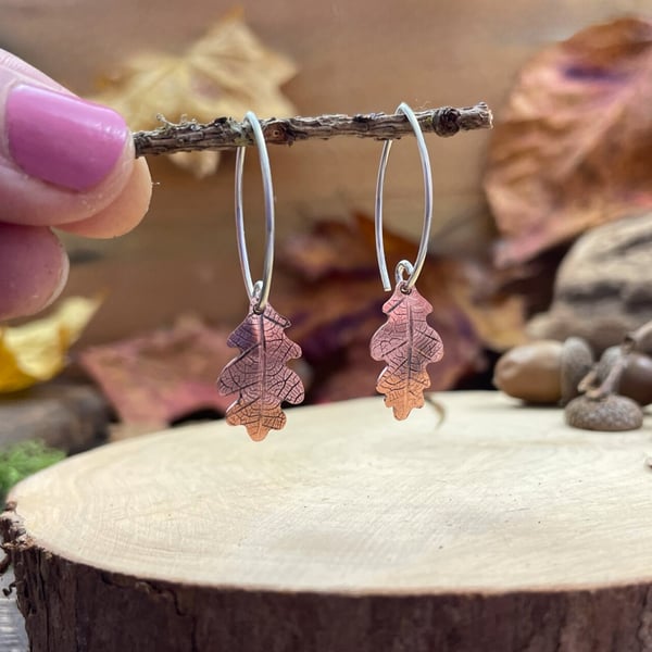 Copper & Silver Oak Leaf Drop Earrings