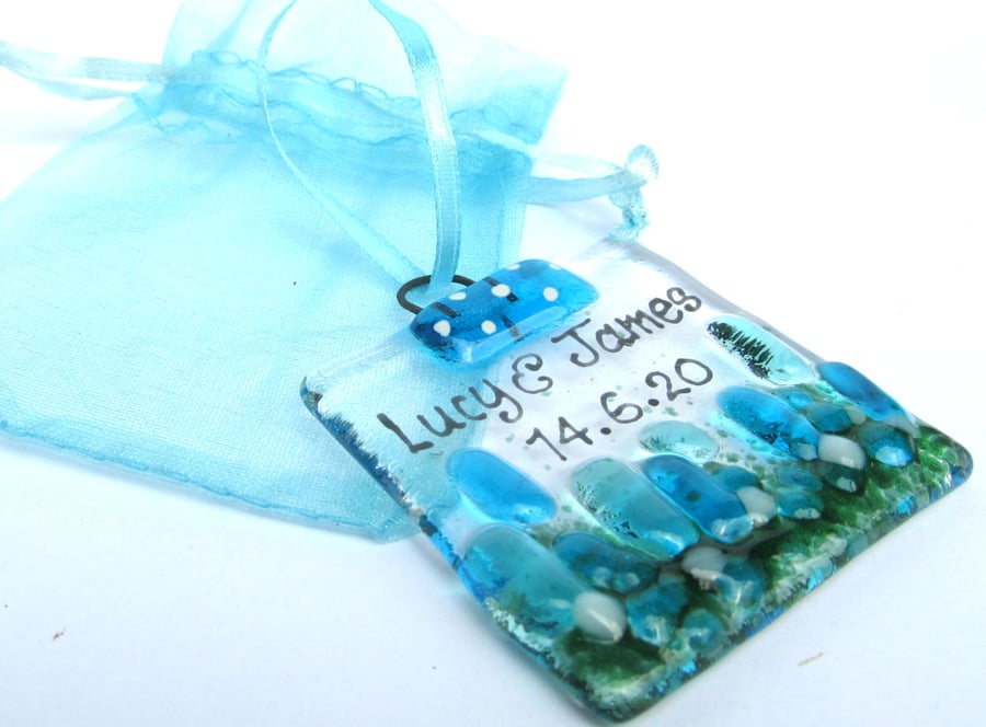 Fused Glass Personalised Minii Meadow Sun Catcher Wedding Favours  Turquoise