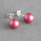 Raspberry Pearl Stud Earrings - 8mm Round Fuchsia Studs - Dark Pink Jewellery