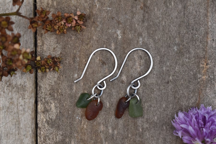 Scottish Sea Glass and Recycled Sterling Silver Earrings, Amber & Green