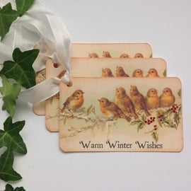 GIFT TAGS ( set of 3) ' Robins '.  Winter . Christmas . Vintage-style.