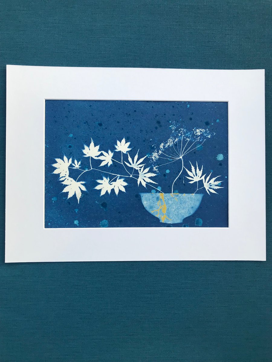Kintsugi Botanical Cyanotype Art, Original Art, Japanese themed Artwork