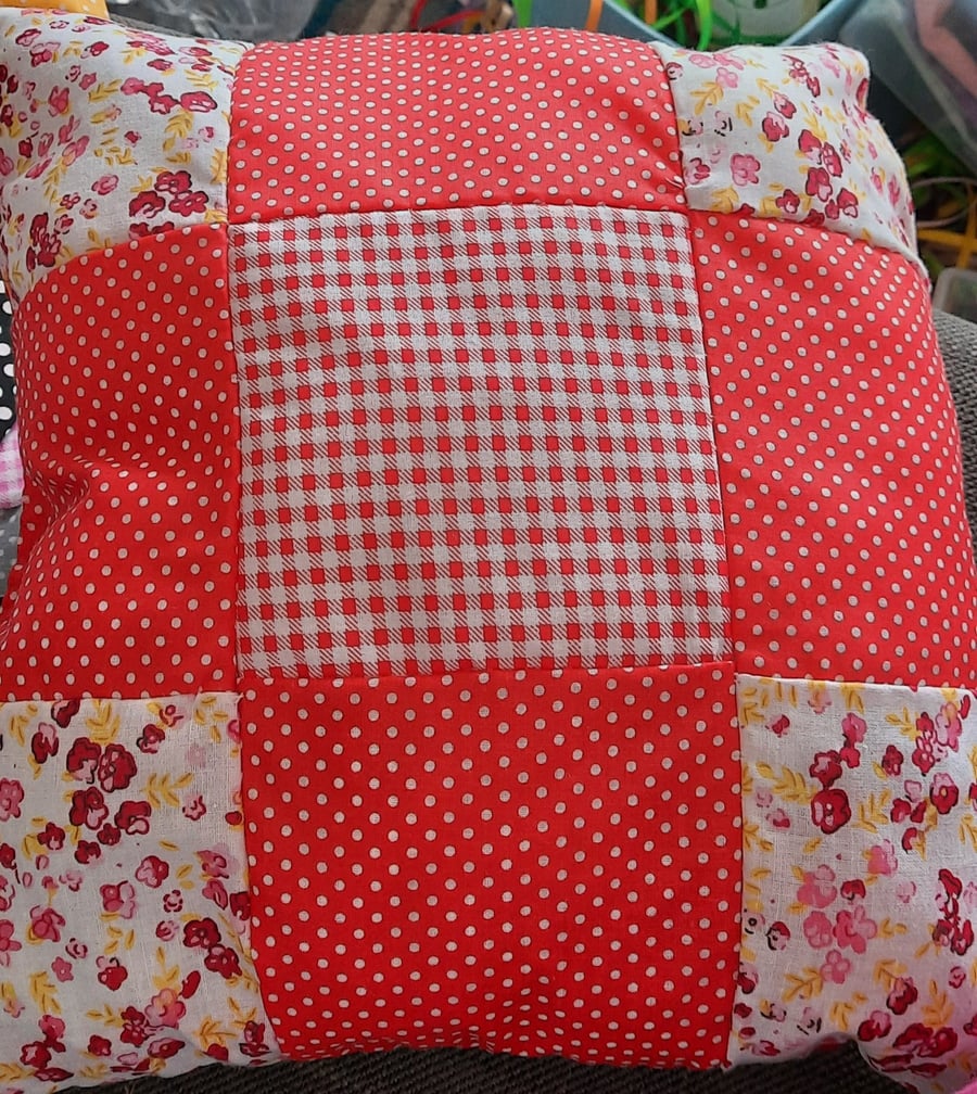 red handmade patchwork cushion spotted