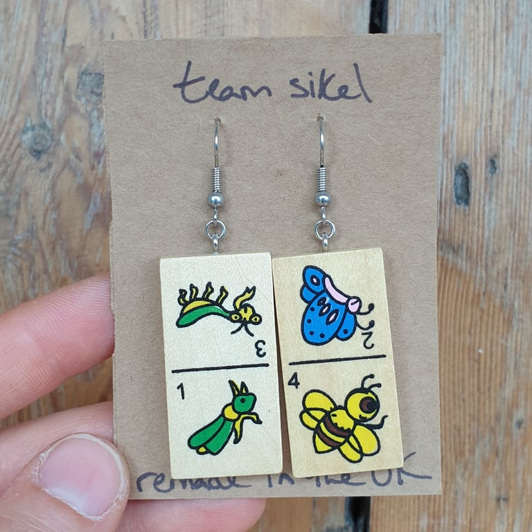 Cricket Mantis & Butterfly Bee Insect Domino Earrings - Upcycled Toys