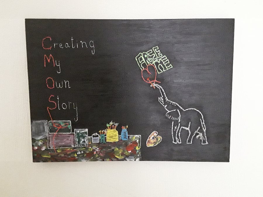  A artistic elephant creating his own tale onto a black canvas.