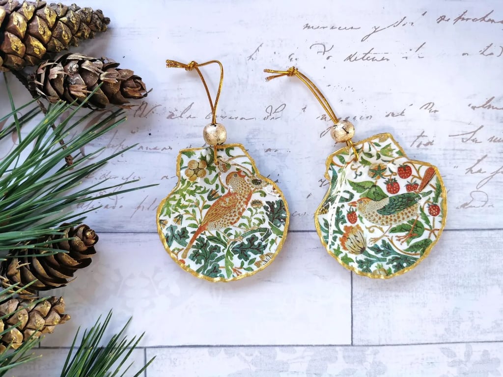 Set of 2 William Morris Floral Birds Christmas Tree Ornaments