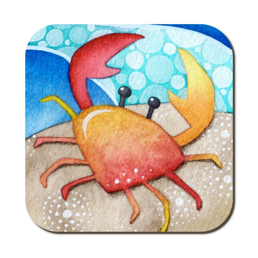 Crab Coaster. Cute Seaside Watercolour Painting. Seaside Nautical Decor.