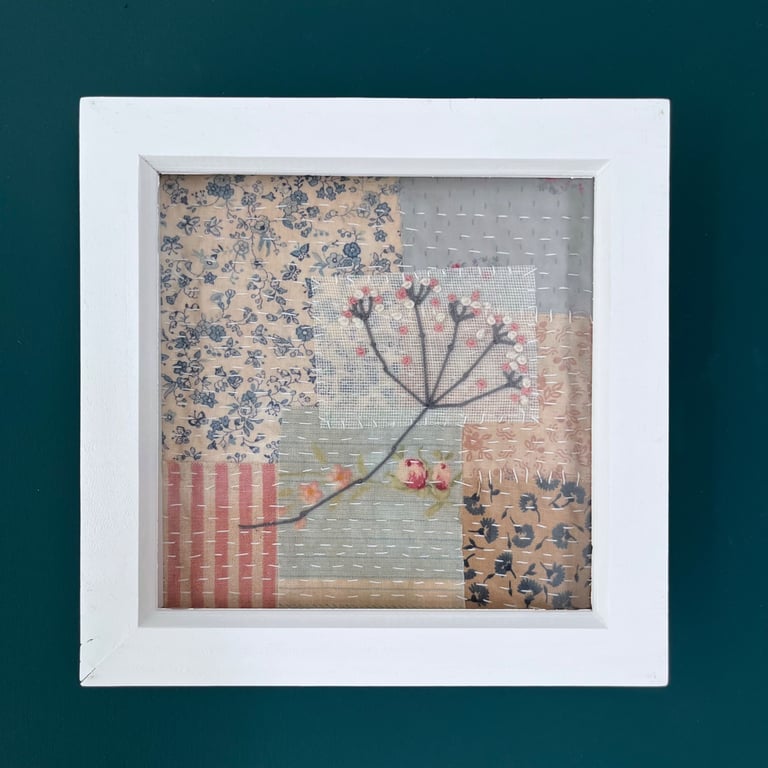 Hand Embroidered Tea Dyed Framed Botanical Textile Art Picture