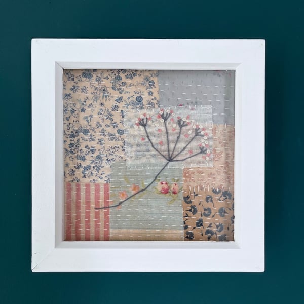Hand Embroidered Tea Dyed Framed Botanical Textile Art Picture