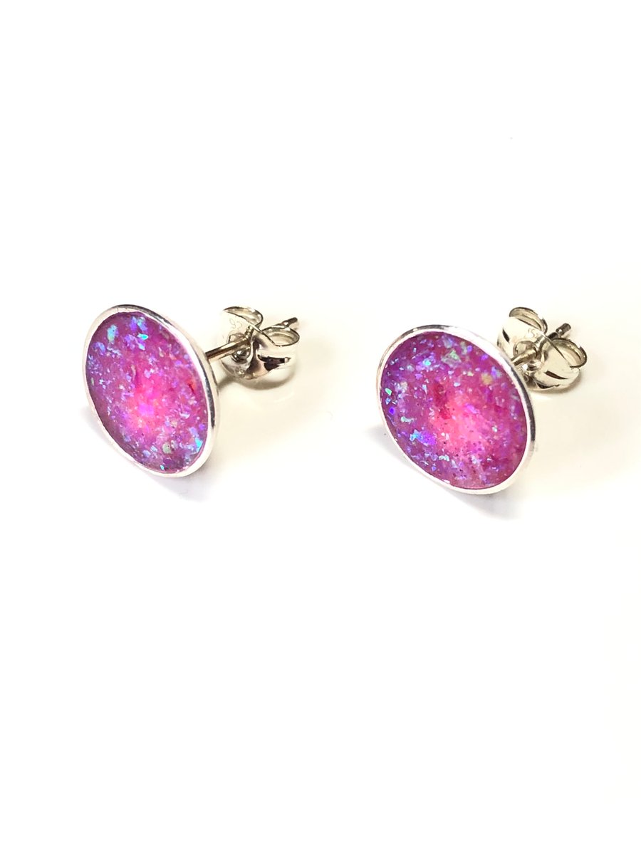 Pink Opal Inlay with Blue Fire Sterling Silver Earrings