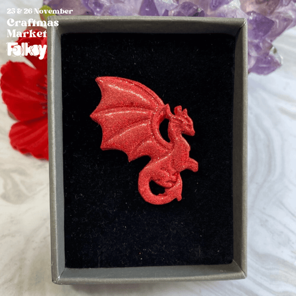Red dragon glitter brooch handmade with polymer clay and resin.