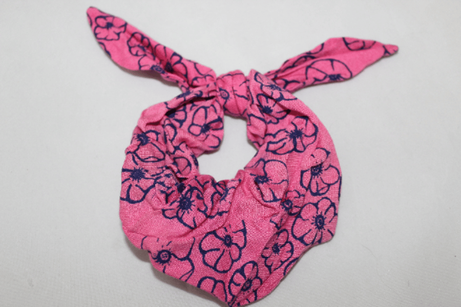 Pink hair scrunchie,hair tie,pink and black floral hand printed. Eco gift