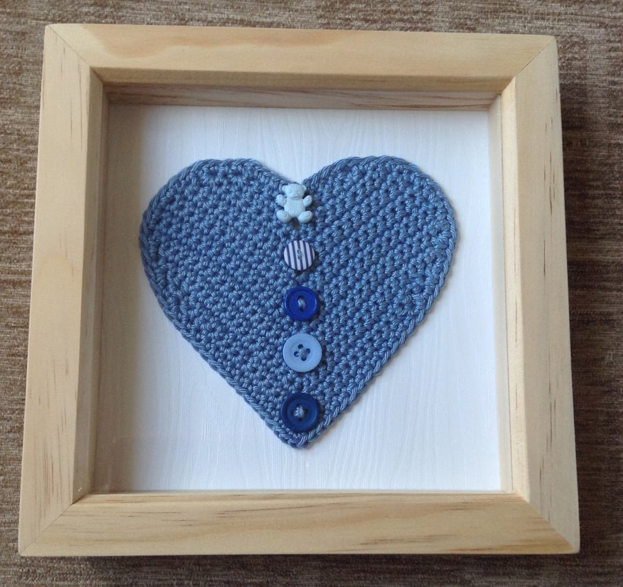 Crocheted Heart in Blue in a Box Frame