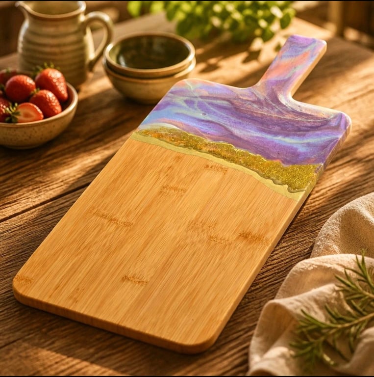 Lavender dreams a handcrafted serving board natural wood with flowing resin art