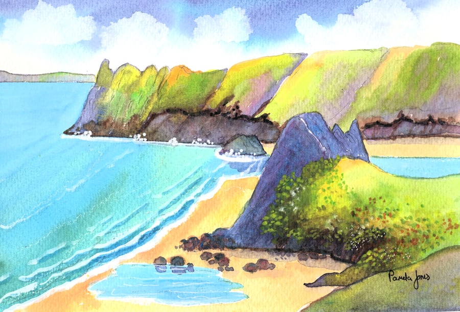 Pobbles Bay, Gower, South Wales,  Original Watercolour, in 14 x 11 '' Mount