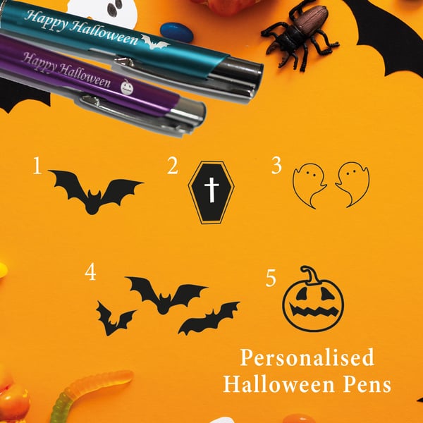 Halloween Pens Personalised Engraved Metal - Coffin, Pumpkin, Ghosts, Bats, Bat 